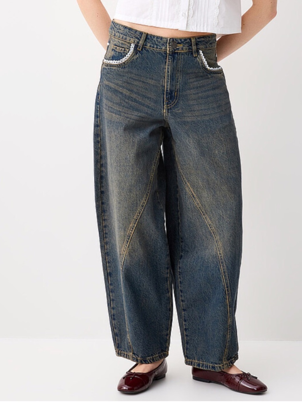 Daisy Street Evie boho lace accents barrel-leg jean NWT